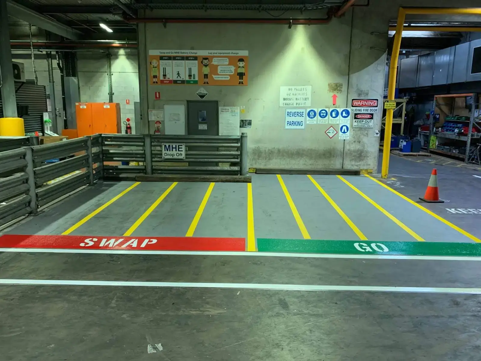 SWAP and GO battery exchange zones in red and green with yellow safety lanes